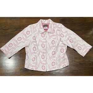 Bob Mackie Wearable Art Floral Eyelet Jacket Women's L Collared Full Zip Preppy